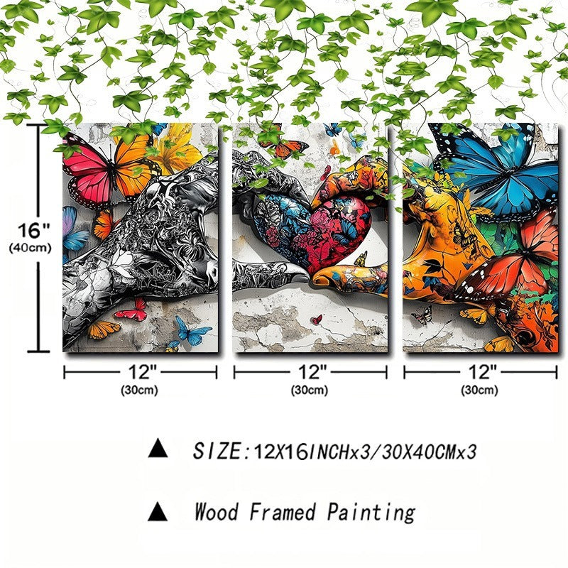 Framed 3pcs Graffiti Holding Hands Love Heart Canvas