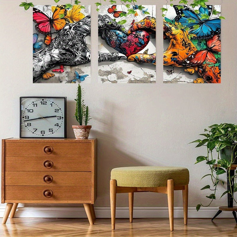 Framed 3pcs Graffiti Holding Hands Love Heart Canvas
