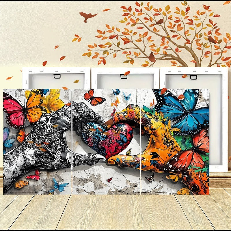 Framed 3pcs Graffiti Holding Hands Love Heart Canvas