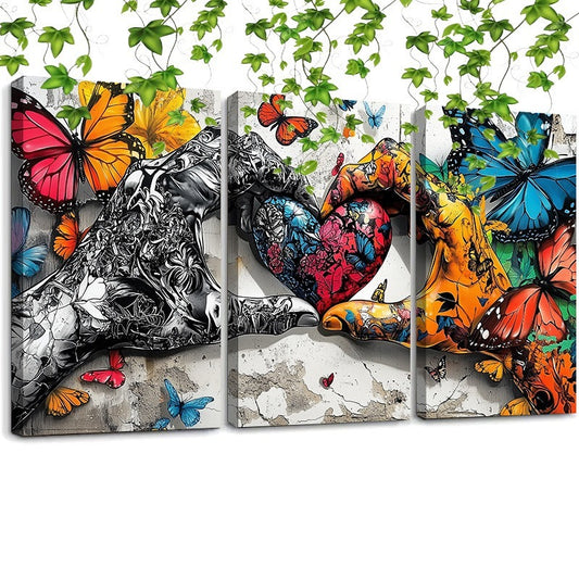 Framed 3pcs Graffiti Holding Hands Love Heart Canvas